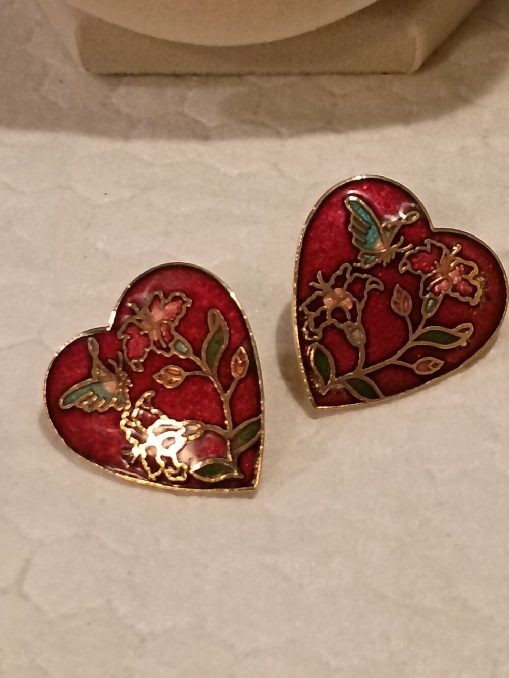 Cloisonne Earrings Heart Red Floral Butterfly Design VTG Pierced Post